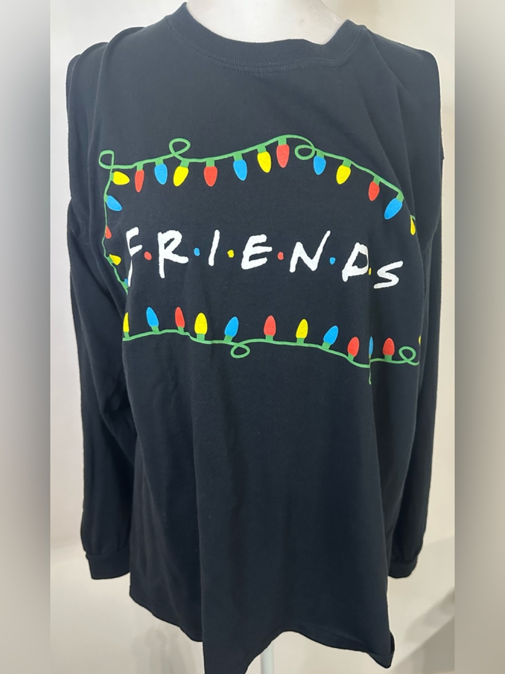 Friends Logo Graphic Christmas Long Sleeve Black Tshirt Holiday Lights - Size 1X